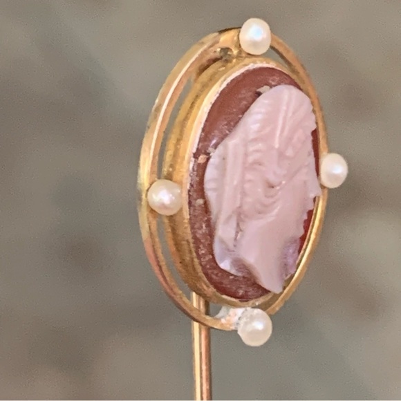 14k Gold Antique Cameo Stick Pin Pearls - Picture 3 of 6